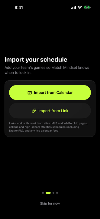 Import your schedule screen with Import from Calendar and Import from Link buttons, noting that links work with most team sites and any .ics calendar feed.