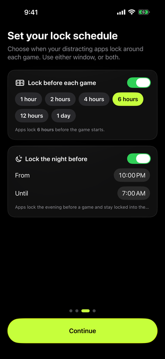 Set your lock schedule screen. Lock before each game is on and set to 6 hours; Lock the night before is on, from 10:00PM until 7:00AM.