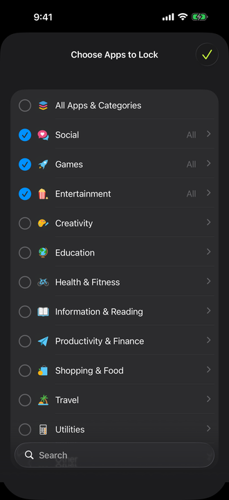 Choose Apps to Lock screen with Social, Games and Entertainment selected, and Creativity, Education, Health and Fitness and other categories left unselected.