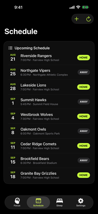 Schedule tab listing nine upcoming games from August 21 to September 18, each with opponent, time and venue, tagged HOME or AWAY.