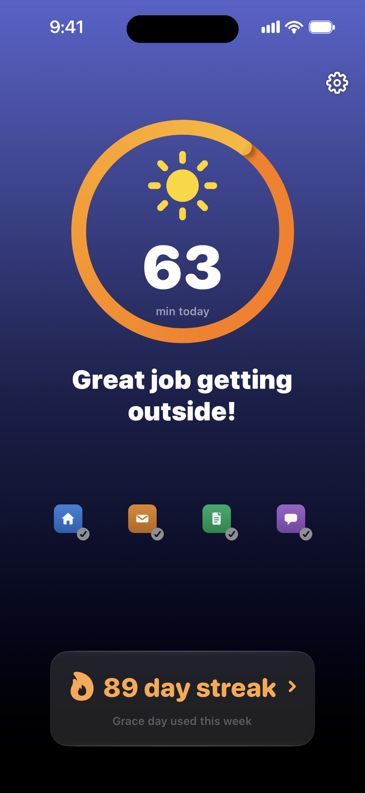 Nature Nudge home screen showing 63 daylight minutes recorded today, a completed progress ring, four unlocked app icons, and an 89 day streak.