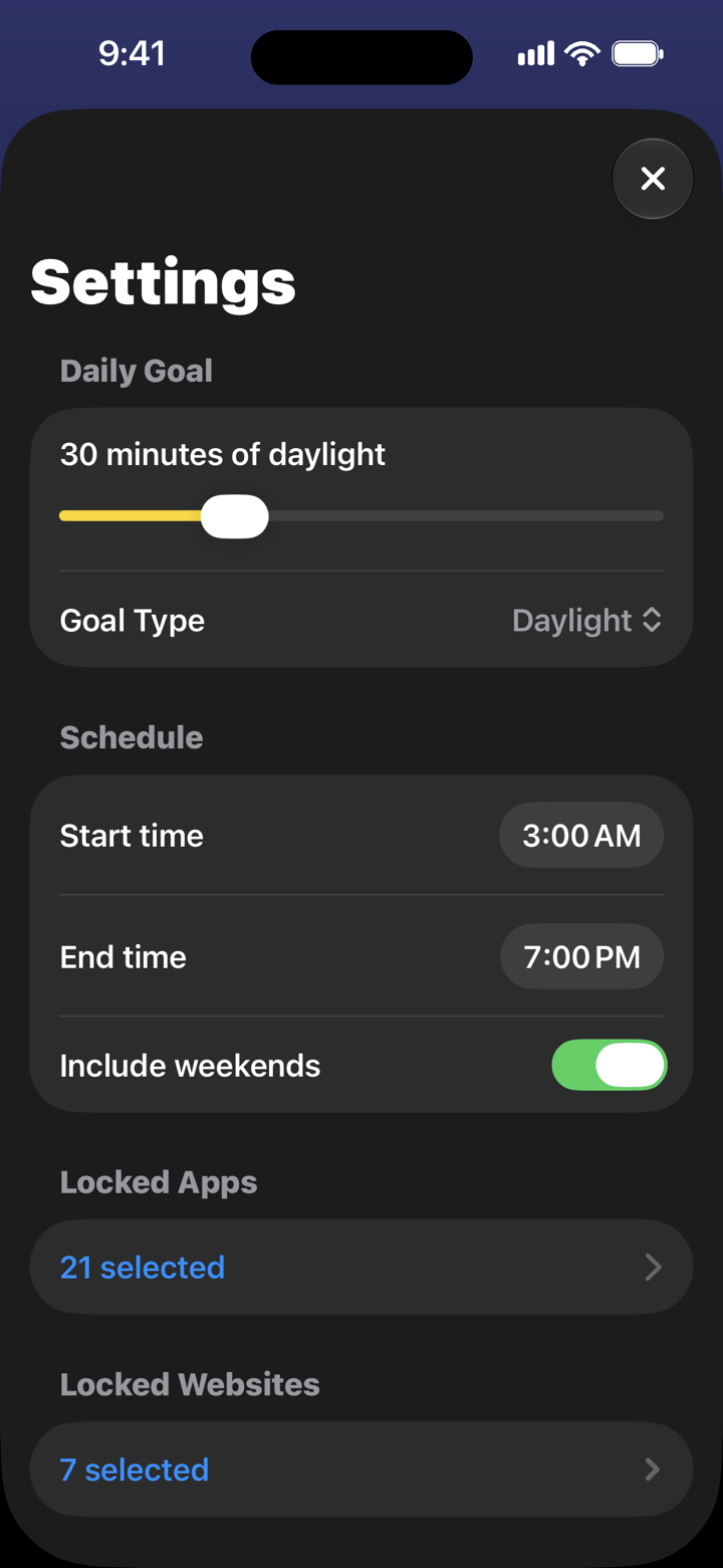 Nature Nudge Settings showing a 30 minutes of daylight goal slider, start and end times, an include weekends toggle, 21 locked apps and 7 locked websites.