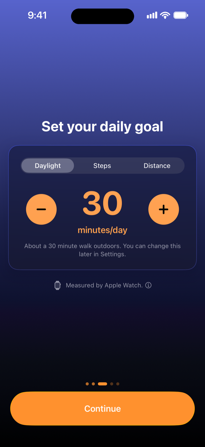 Goal screen with Daylight, Steps and Distance tabs, set to 30 minutes per day and measured by Apple Watch.