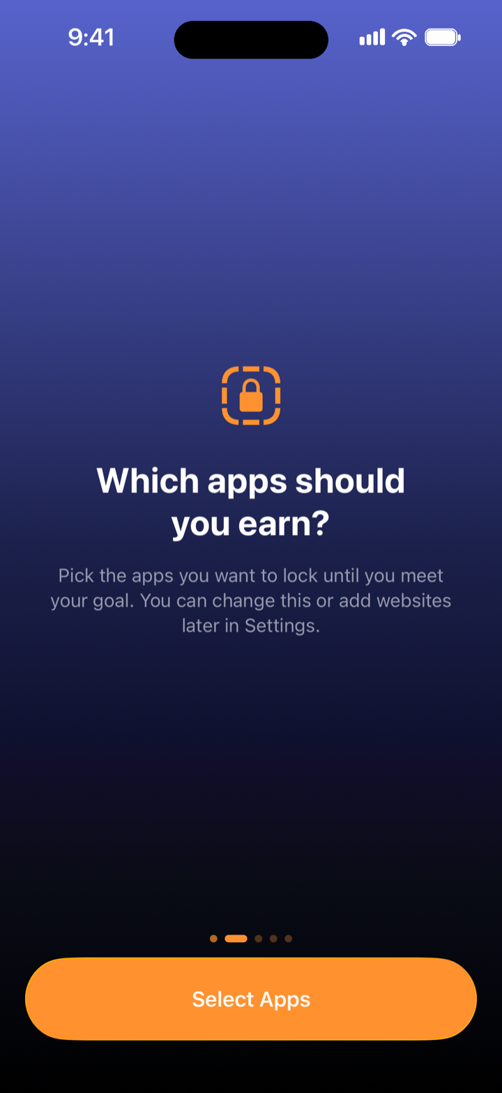 Setup screen asking which apps should you earn, with a Select Apps button.