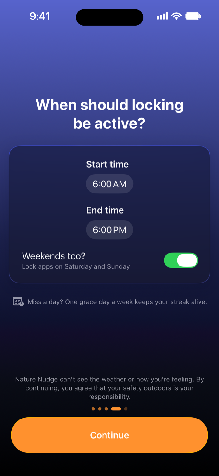Schedule screen with a six in the morning start time, six in the evening end time, and a Weekends too toggle switched on.