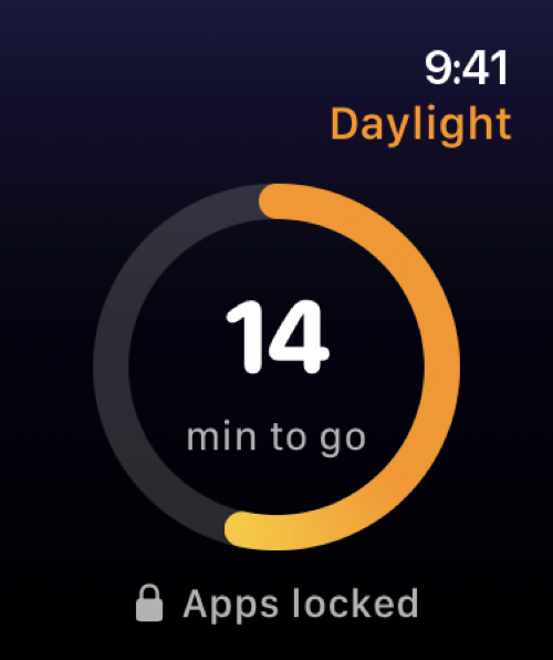 Apple Watch showing a daylight progress ring with 14 minutes to go and the label Apps locked.
